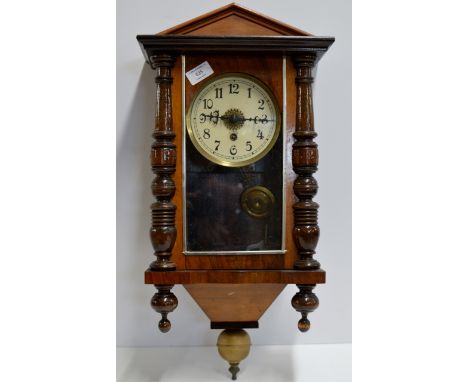 A 24½" VICTORIAN MAHOGANY WALL CLOCK WITH ENAMEL DIAL, PENDULUM &amp; KEY     