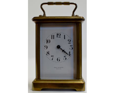 A 5½" BRASS CASED CARRIAGE CLOCK BY JENS JACOBSEN, HAMBURG, WITH FRENCH WORKINGS &amp; KEY     