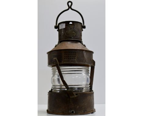 AN OLD 21" SHIPS LANTERN LIGHT WITH MAKERS LABEL FOR WM HARVIE &amp; CO LTD OF GLASGOW     