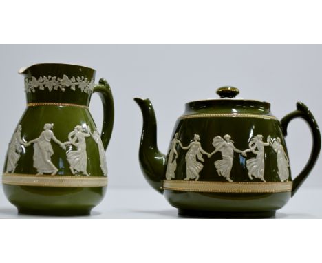 A WILTSHAW &amp; ROBINSON CARLTON WARE TEAPOT, OF JASPER WARE STYLE WITH A CONTINUOUS BAND OF CLASSICAL FEMALE DANCERS, TOGET