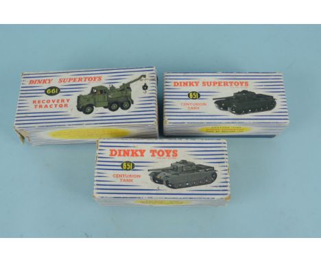 Two Dinky Toys 651 Centurion tanks and Dinky Toys 661 Recovery Tractor in original boxes and in playworn condition