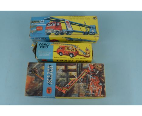 A Corgi Toys 1127 Simon Snorkel, a Triang Highway F1 car, Conveyer Jeep and 1138 Car Transporter, all boxed a playworn