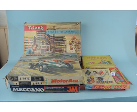 A group of five vintage boxed kits including Triang 'Arkitex' model kit, Airfix Motor Racing car set (lacking cars), a Meccan