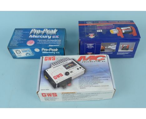 A boxed Thunder Tiger model engine starter, a Ripmax Pro-Peak Mercury Ex fast charger plus a GWS MC 2002 charger, all unteste