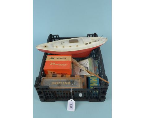 Mixed games etc including a penguin model boat, a View Master 3-D viewer with slides, dominoes etc