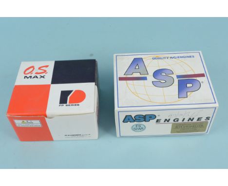 A boxed O.S. MAX 25FP model engine plus an A.S.P. FS 52 AR engine, both appear unused