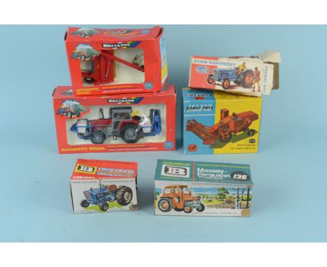 A boxed vintage Corgi Toys 1111 Massey Ferguson 780 combine harvester, a Crescent Toys No.1811 animal trailer, a Britains Mas