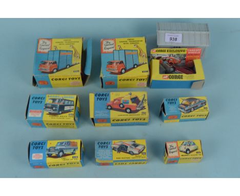 A selection of boxed vintage Corgi Toys and a garage, all playworn