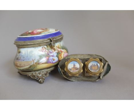 Ceramic Lidded Pot with Gilt Inkwell Duo