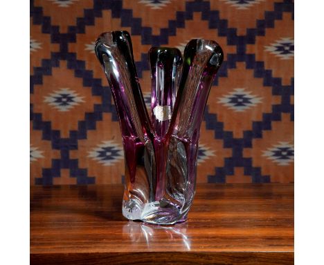 A Val St Lambert glass candelabra, mid 20th century, clear and purple glass, with its original label,20cm wide30cm high
