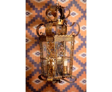 An Italian gilt toleware lantern, early 20th century, with crown top and four light fitting,44cm square75cm high