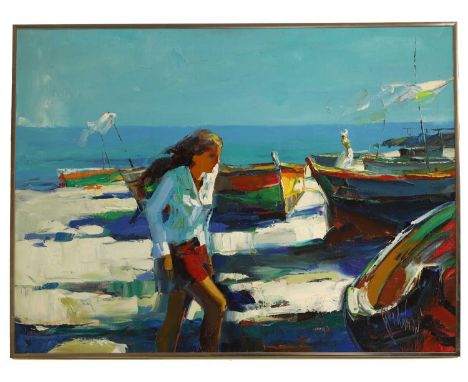 American School, 20th century Fishing boats and a figureoil on canvas, indistinctly signed100 x 75cm