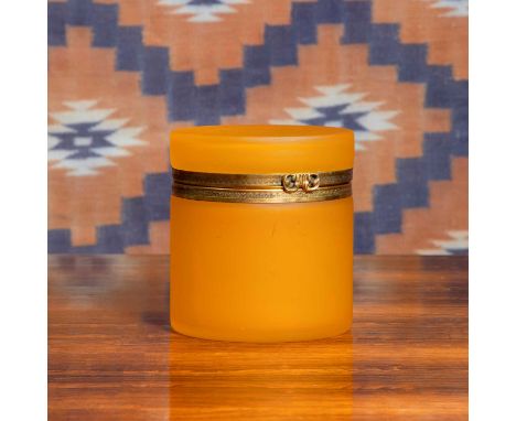 A Murano orange opaque glass cylindrical box, c.1950, Italian, with chased gilt mounts and clasp,12cm diameter13cm high Condi