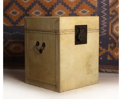 A Chinese vellum trunk modern, with brass lock plates and handles50cm square65cm high
