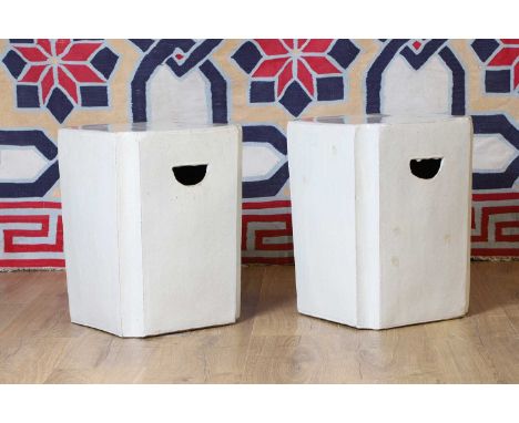 A pair of Chinese pottery garden seats 20th century, of square form, with canted corners,33cm square45cm high