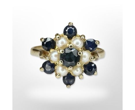 A 9ct yellow gold sapphire and pearl cluster ring, size Q CONDITION REPORT: 3g.