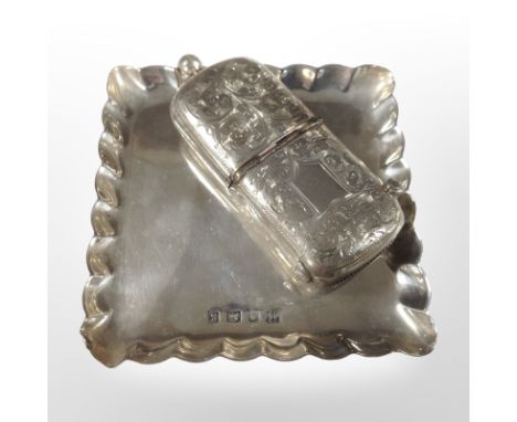 A silver combination vesta/sovereign case, Sheffield marks, length 7cm, together with a small square-shaped silver pin dish w