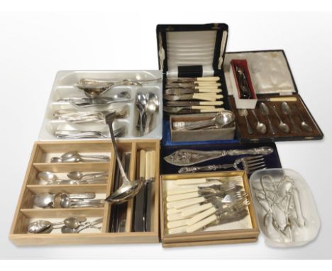 A quantity of cutlery sets and other un-boxed cutlery, cased pair of fish servers, large ladle etc (1 box)