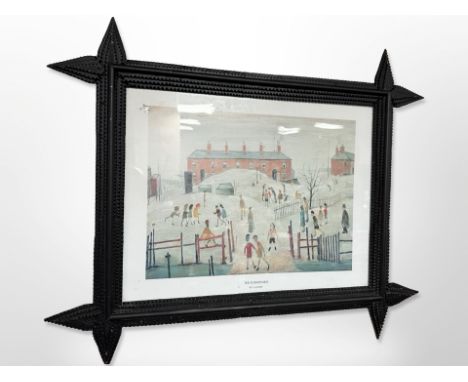After Lawrence Stephen Lowry : The school yard, colour print, 30cm x 40cm, in carved and ebonised tramp art frame.
