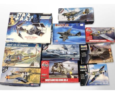 Ten Revell, Air Fix and other scale models to include military aircraft and tanks, plus a Star Wars Darth Vader Tie Fighter m