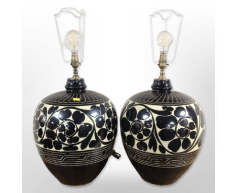 A large pair of ceramic bulbous table lamps, height 70 cm including fittings 