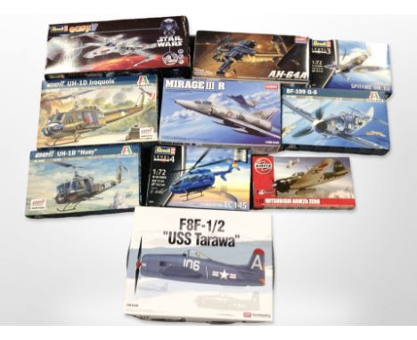 Ten Revell, Air Fix and other aircraft scale modelling kits, Star Wars X Wing fighter model, boxed (10)