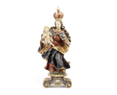 An 18th century South German or Austrian Baroque  polychrome and parcel gilt decorated carved wood figural group of the Virgi