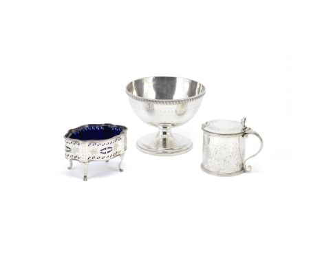 A George III silver drum mustard, a George III silver salt and a George III silver bowlall Hester Bateman, London 1783, 1785 