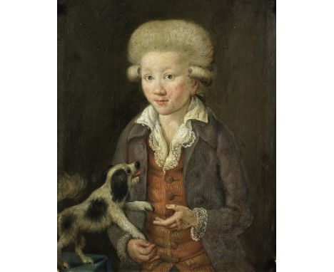 German School, circa 1780Portrait of a boy, half-length, in a blue coat, red waistcoat and white chemise, with a spaniel  oil