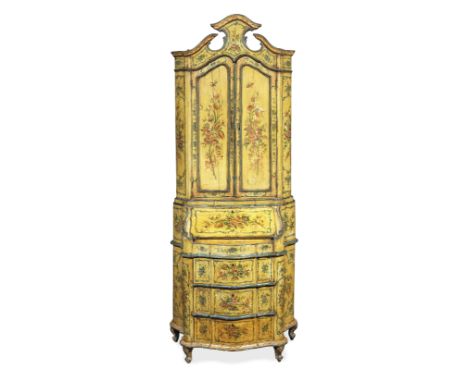 An Italian late 19th century 'lacca povera' and polychrome decorated serpentine bureau cabinetin the 18th century Rococo styl