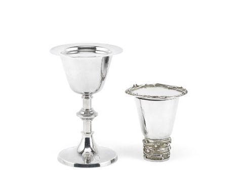 A silver chalice and patenGraham Watling, London 1974 / 1975 The foot and paten rim with applied textured wire, height 9cm; t