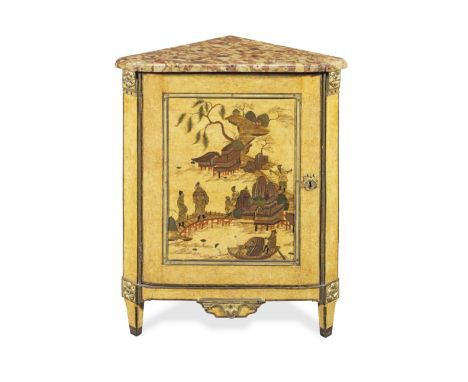 A late Louis XV ormolu mounted Vernis Martin encoignure by Jacques Dautriche (1725-1778)1770-1775, the moulded breche d'alep 