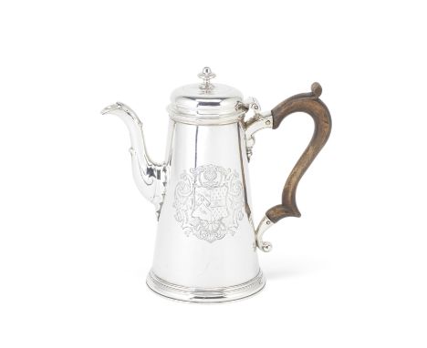 A George II silver coffee potRichard Gurney &amp; Thomas Cook, London 1735Tapering form, with a wood scroll handle, engraved 