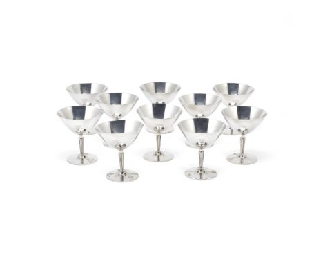 Ten Swedish silver martini / cocktail glassesmaker GAB, with Swedish marks for 1969 / 1970 Tapering bowls, initialled, with s