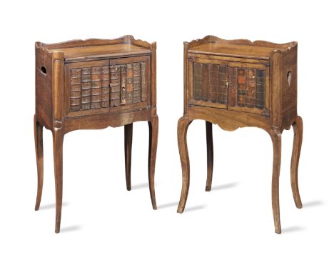 Two similar French early 20th century walnut bedside commodesEach with a shaped galleried top above a pair of doors simulated
