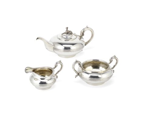 A Victorian silver three-piece silver tea serviceJohn Aldwinckle &amp; James Slater, London 1839 / 1840 Compressed circular f