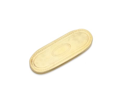 A George III gold boxmaker's mark 'IM', London 1795Slim oblong form with rounded ends, engine turned decoration, outer band o