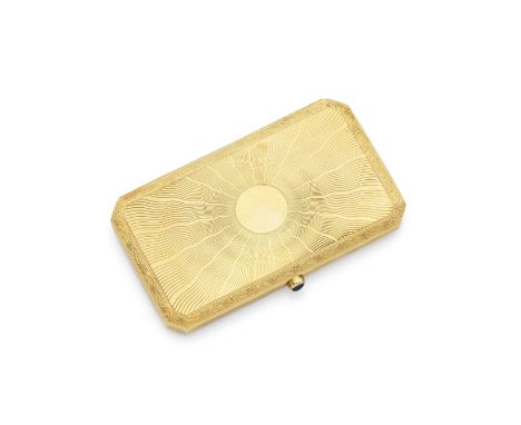 An 18 carat gold Swedish cigarette casemid-20th century With engine-turned engraving and sapphire thumb-piece, length 8.4cm, 