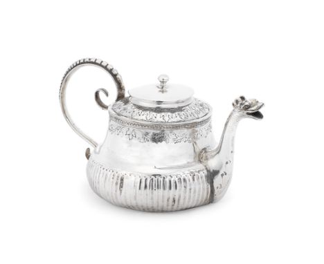 An 18th century silver teapotmaker's mark only, probably Dutch, unmarked cover Squat baluster form, with chased decoration an