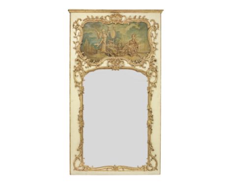 A French 18th century Louis XV painted and parcel gilt trumeau wall-panel mirrorThe later plate below an oil on canvas depict