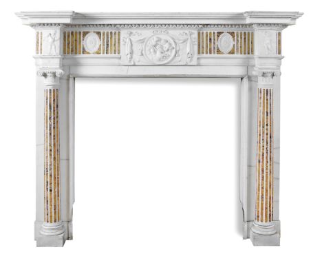 A good George III Siena and white marble chimneypiecethe moulded inverted breakfront shelf above an egg and dart border, the 