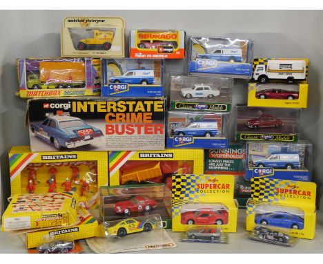 A collection of model vehicles, all boxed including Britains Autoway, Matchbox, Corgi Interstate Crimebuster, other Corgi, et