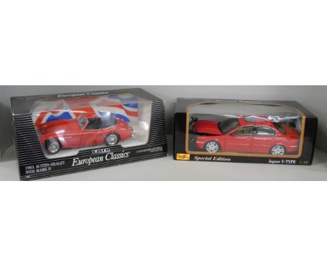 Two 1/18th scale model vehicles, Maisto Jaguar X-Type and Ertl 1961 Austin Healy, both boxed