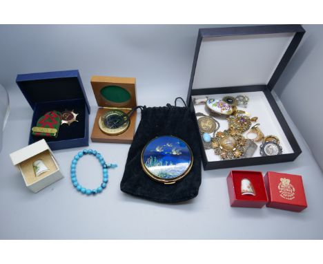 A collection of brooches including one Victorian and other jewellery, a compass, Royal Stafford thimble