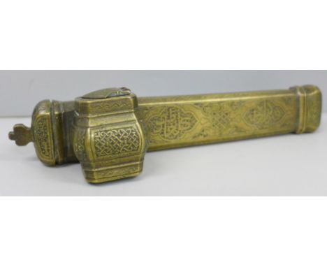 An Ottoman travelling scribe, brass inkwell and quill holder (8" Qalamdan)