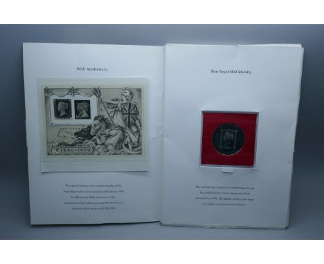 A Royal Mail set, 150th Anniversary Penny Black replica sheet together with a commemorative postage stamp coin, cased