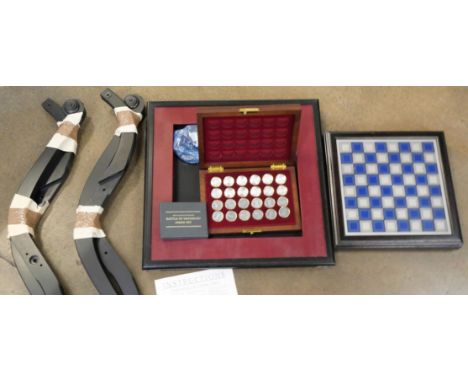 A complete Franklin Mint Waterloo campaign table and Franklin Mint chess and draughts set made from pewter and characters fro