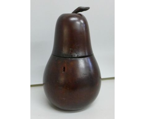 A treen reproduction tea caddy in the form of a pear 