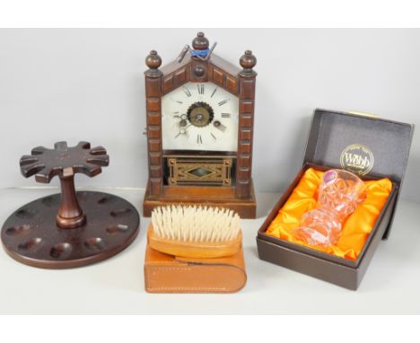 A wooden pipe stand, a/f, clothes brush, a Junghans small mantel clock and a Webb crystal pedestal vase, boxed