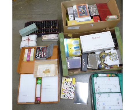 Two Taiwanese abacus, two Mah Jong sets, a collection of modern Far Eastern items, cloisonne vases, pin badges, cufflinks, gl